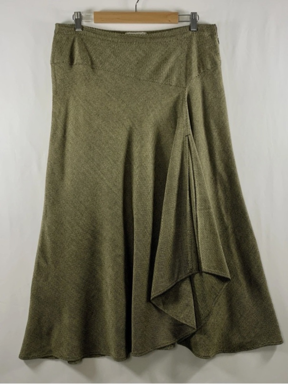 Olive Green Draped Midi Skirt — Flared A-Line Style soft